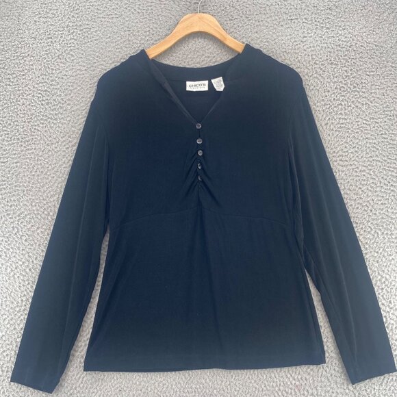 Chicos Top Womens 1 US Medium Black Travelers Knit Long Sleeves Ruched Button - Picture 1 of 10